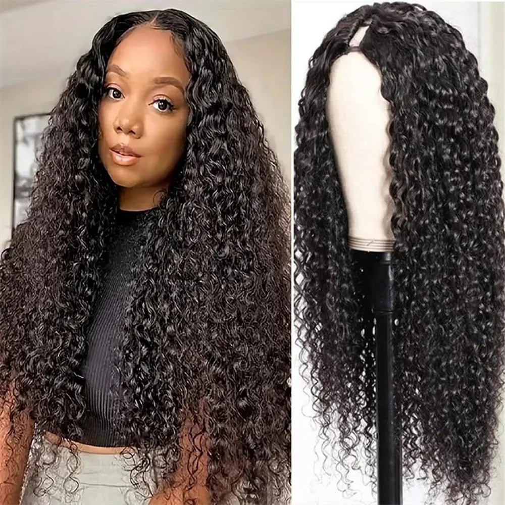 Curly Water Wave Human Hair Wigs 200% Density Glueless V Part Natural Color