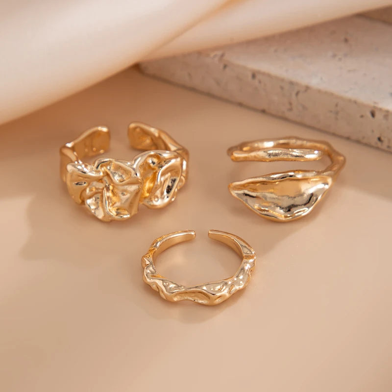 Geometric Open Ring Set Women 3pcs Adjustable Gold Finger Jewelry