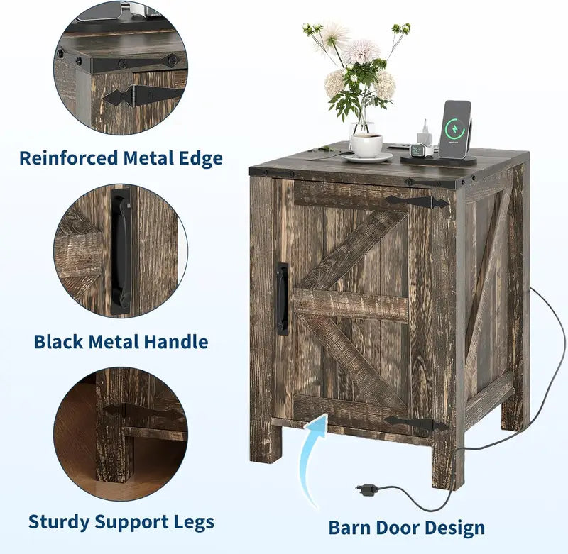 Farmhouse Bedside Table with USB Charging Station, Adjustable Two-Tier Shelf, Rustic Barn Door, Modern Bedroom End Table