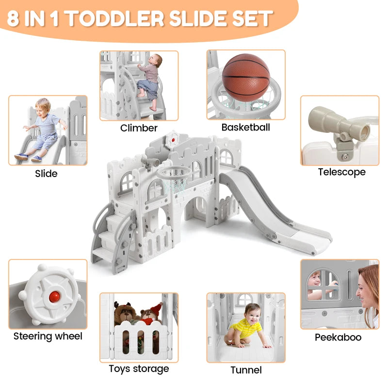 8-in-1 Toddler Indoor Playground with Slide and Basketball Hoop, Kids Outdoor Playset