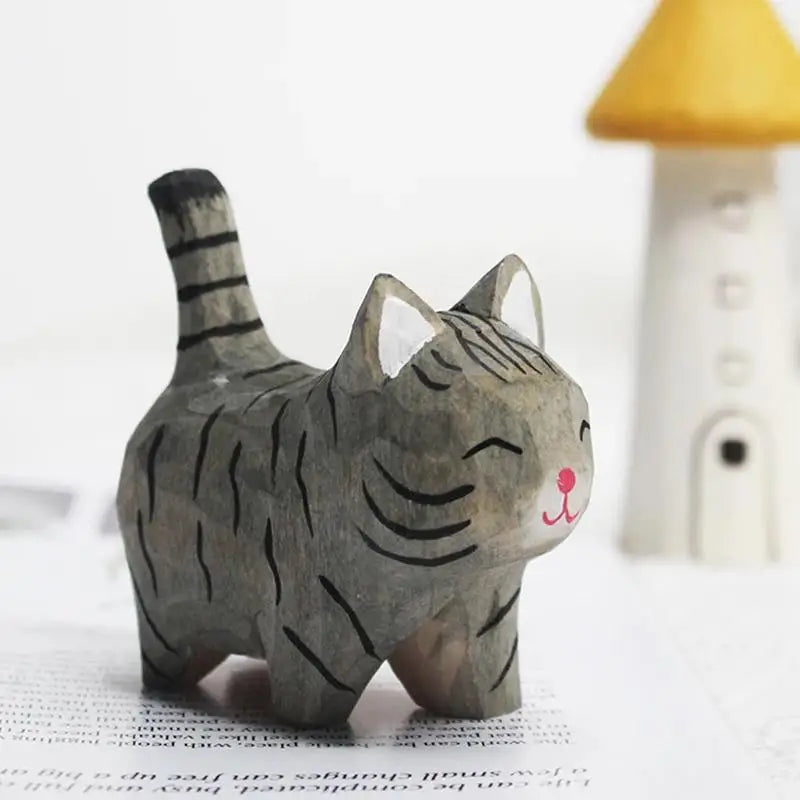 Wood Carving Kitten Ornament - Handmade Small Animal Desktop Decoration