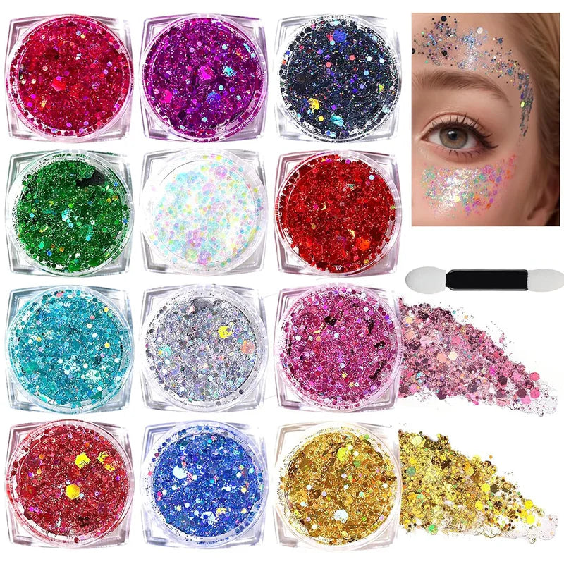 12 Colors Face & Body Glitter Gel - Holographic Sequins for Festival & Party