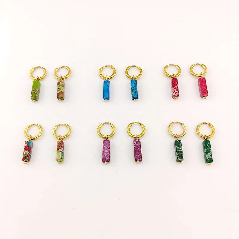 Silver Stainless Steel Square Hoop Earrings with Natural Stones for Women
