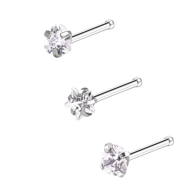 3-Piece Heart Star Zirconia Nose Stud Set - Stainless Steel Nostril Jewelry for Women Girls
