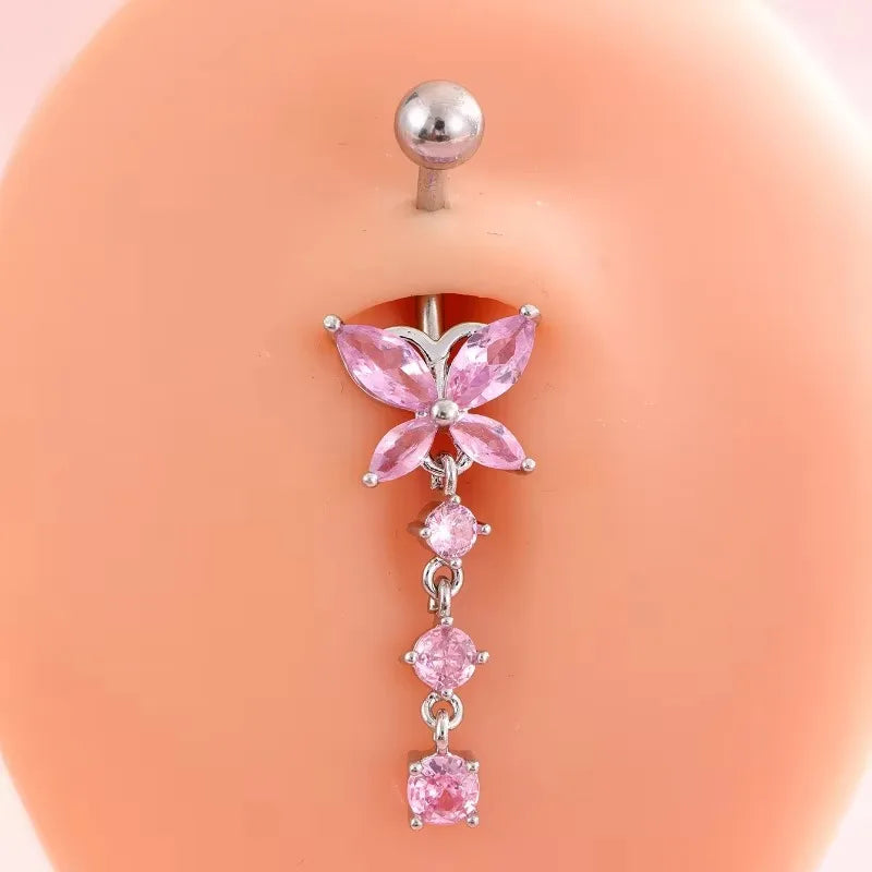 Pink Crystal Belly Button Ring with Butterfly Heart Pendant - Stainless Steel Navel Piercing for Women