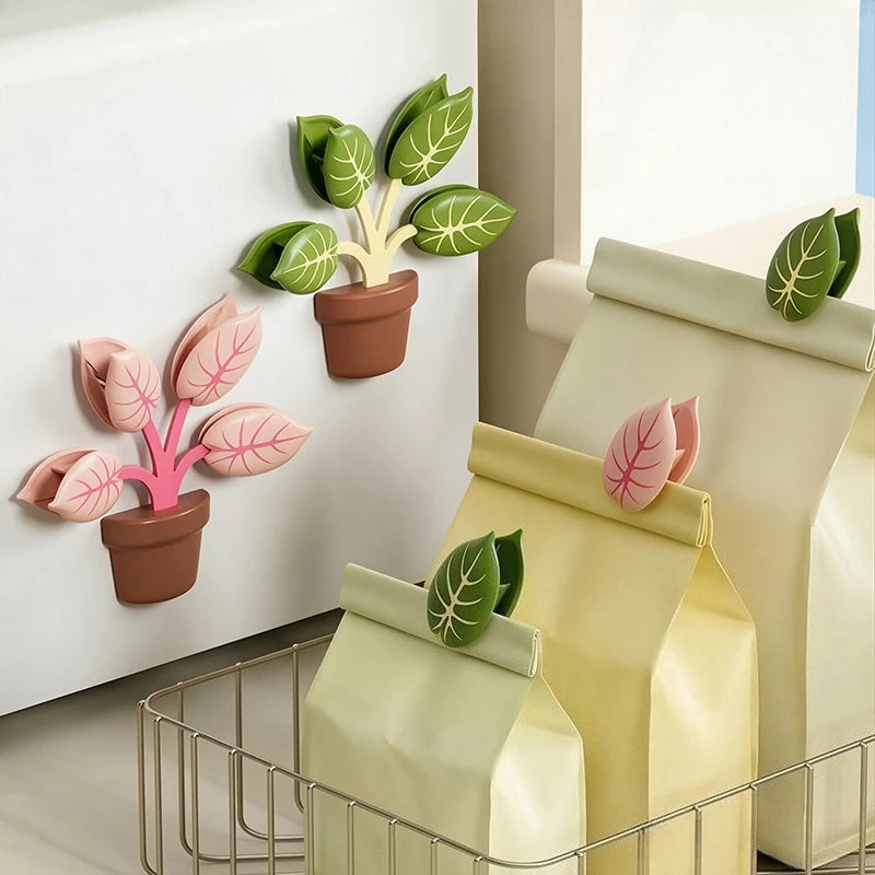 Magnetic Food Bag Clips with Potted Leaf Design - Moisture Proof Kitchen Storage