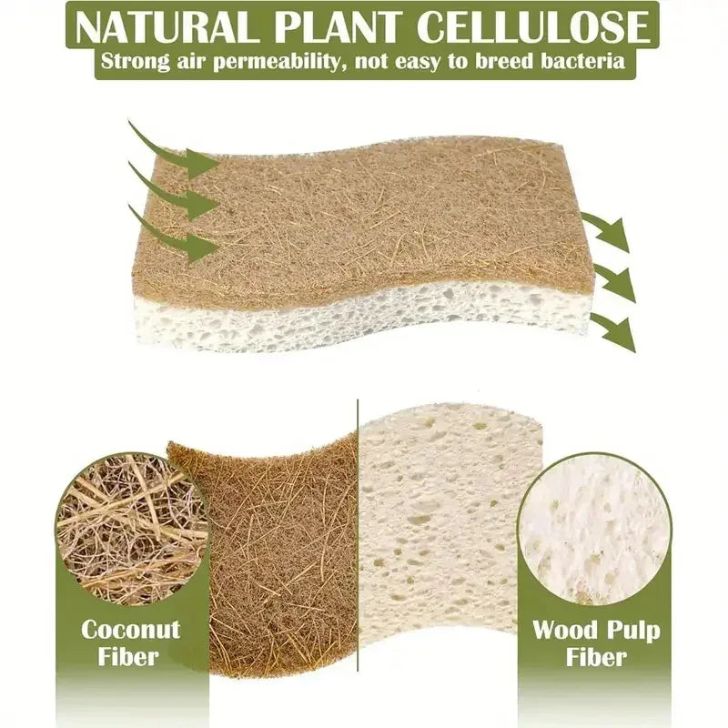 Natural Kitchen Sponge Pack - Cellulose and Coconut Scrubber for Dishes, 6 or 12 Pcs