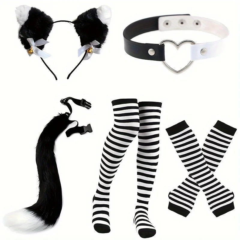 Role Playing Costume Set with Stripes Furry Tail Gloves Socks for Halloween