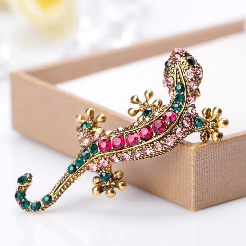 Crystal Stone Lizard Brooch with Bright Flowers and Gemstone Accents - Unisex Metal Pin