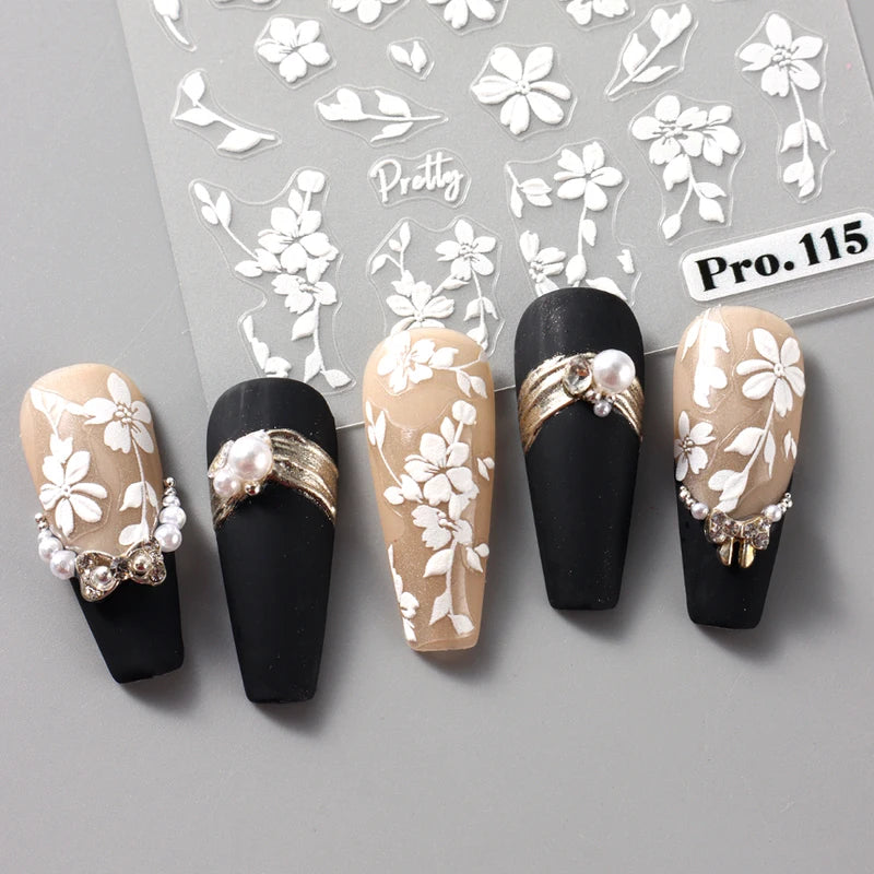 2pcs White 3D Flower Nail Art Stickers Sakura Blooming Floral Self-Adhesive Decor
