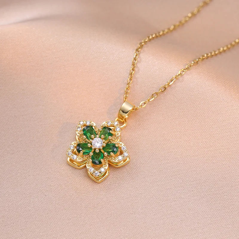 Romantic Zircon Flower Pendant Necklace for Women - Gold Plated Choker Jewelry