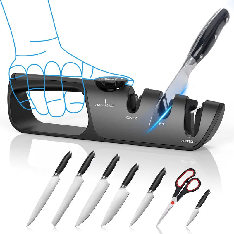 5-in-1 Adjustable Angle Kitchen Knife Sharpener with Scissor Blade Honing