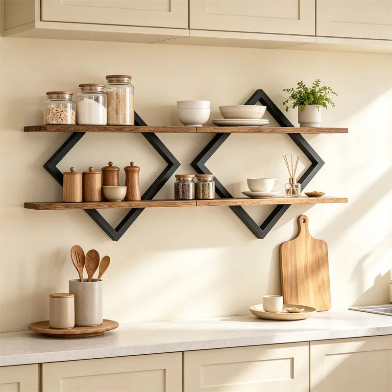 2-Tier Wall Mounted Storage Shelves - Rustic Wood & Metal Design for Living Room & Kitchen