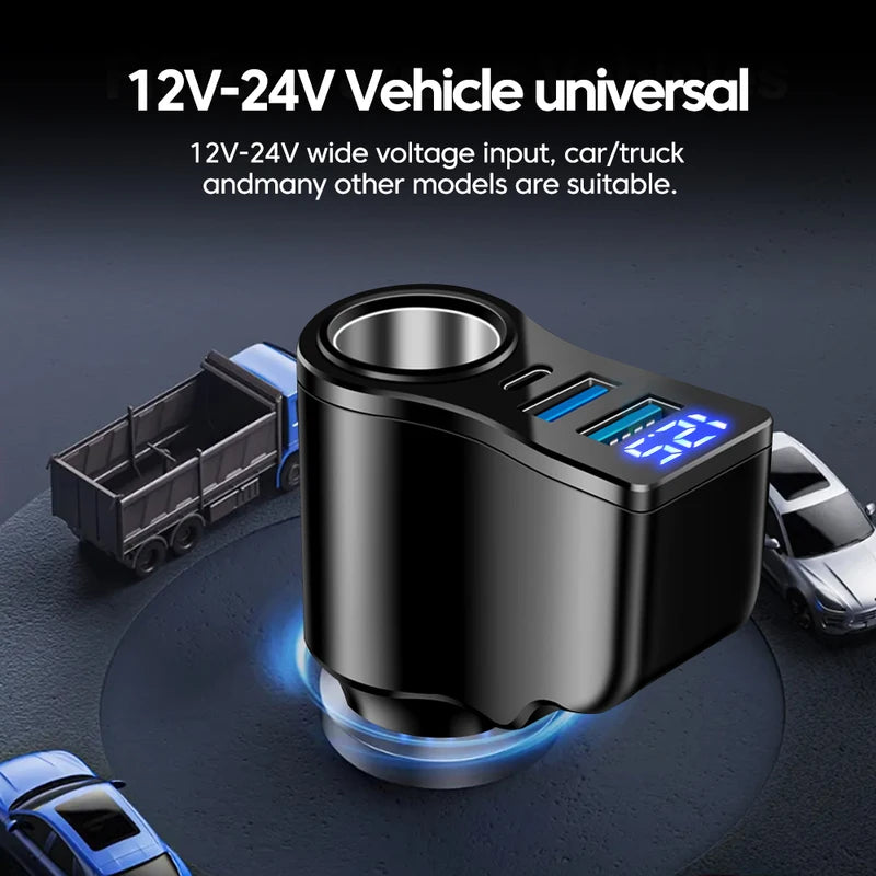 66W Car Cigarette Lighter Power Adapter with Dual USB & Type-C PD Charger