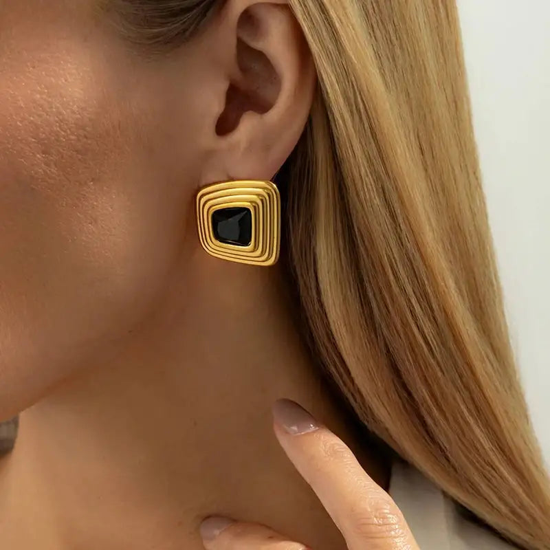 Vintage Irregular Geometric Square Stud Earrings for Women Black Acrylic Rhinestones
