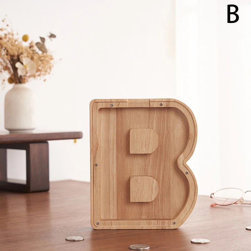 Alphabet Moneybox Coin Bank Wooden Piggy Bank for Kids and Home Decor