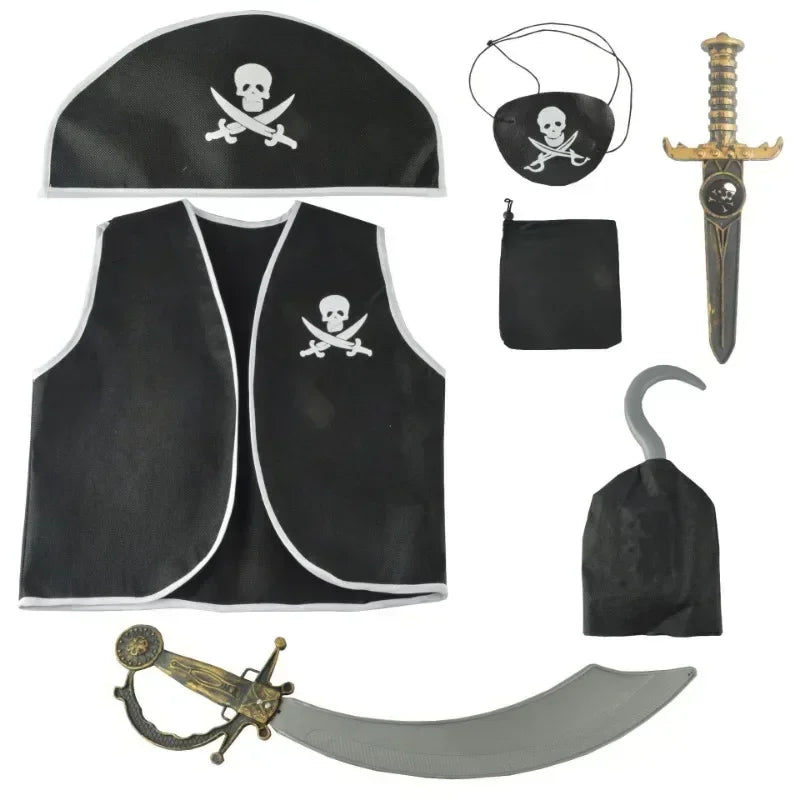 Kids Pirate Costume Set with Vest Hat Hook and Bag for Boys Halloween Party
