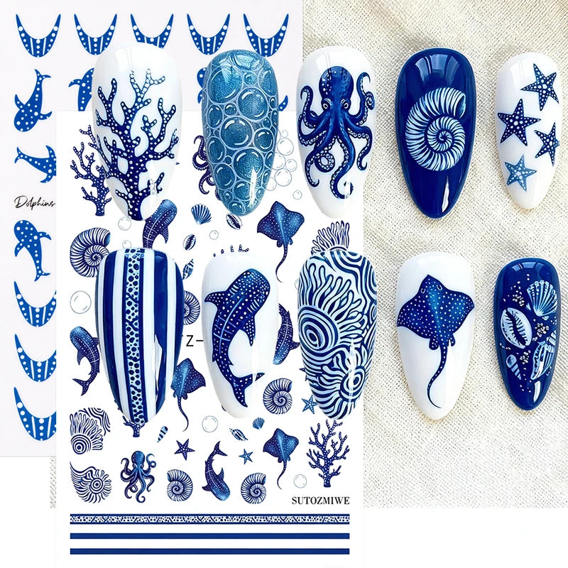 Ocean Nail Art Stickers Set - Whale Octopus Seashells Summer Manicure Decorations