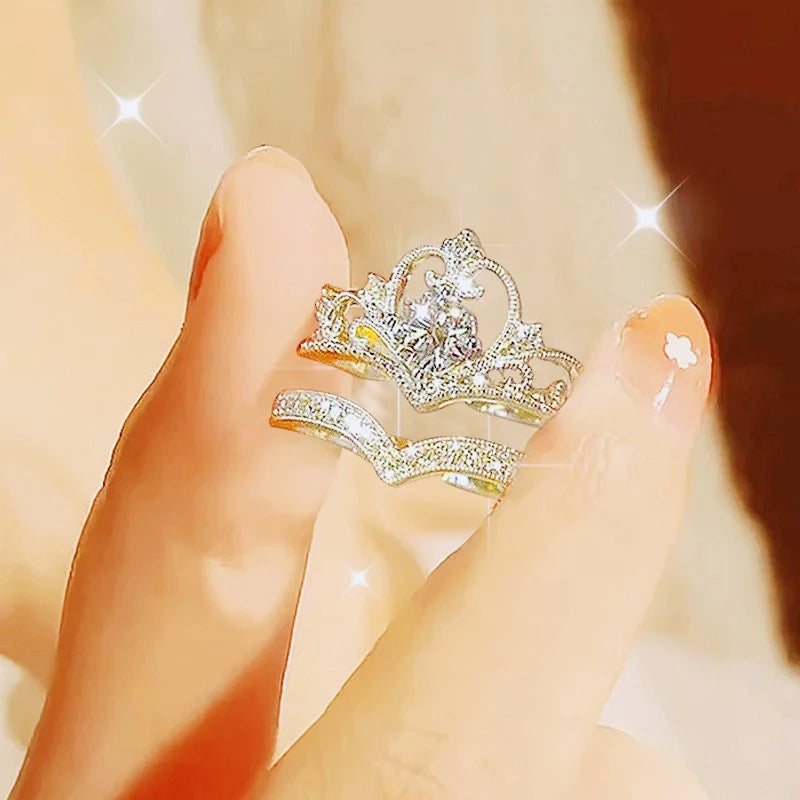 2PCS Adjustable Crystal Crown Rings Set for Women Girls - Vintage Jewelry