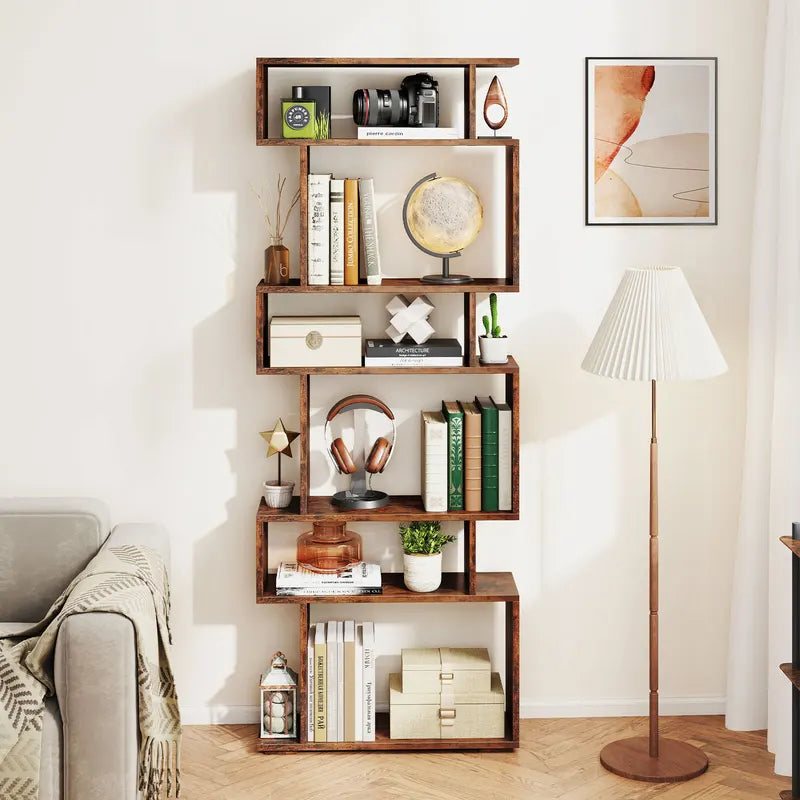 6-Tier S-Shaped Geometric Bookcase with Anti-Tip Kits, Space-Saving Storage Shelf