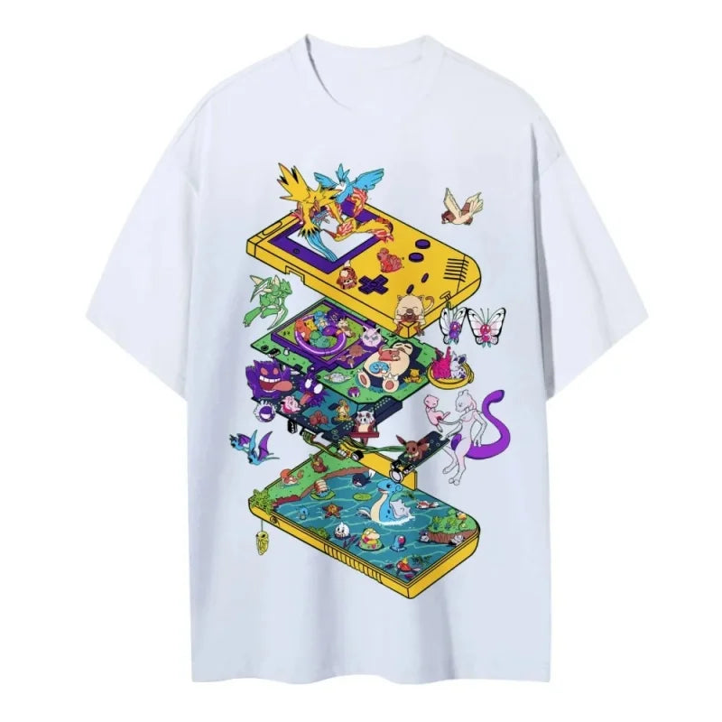 Summer Pokemon Retro Game Console Cartoon Print T-Shirt for Travel & Sports