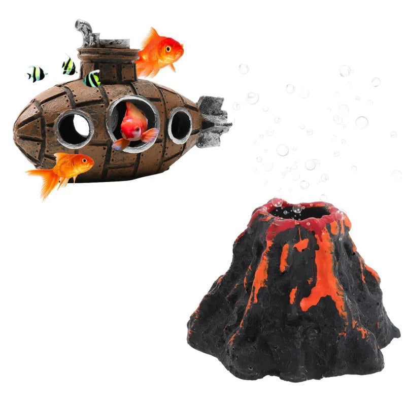 Aquarium Decoration Set Resin Submarine & Volcano Ornaments - Fish Tank Landscape Accessories