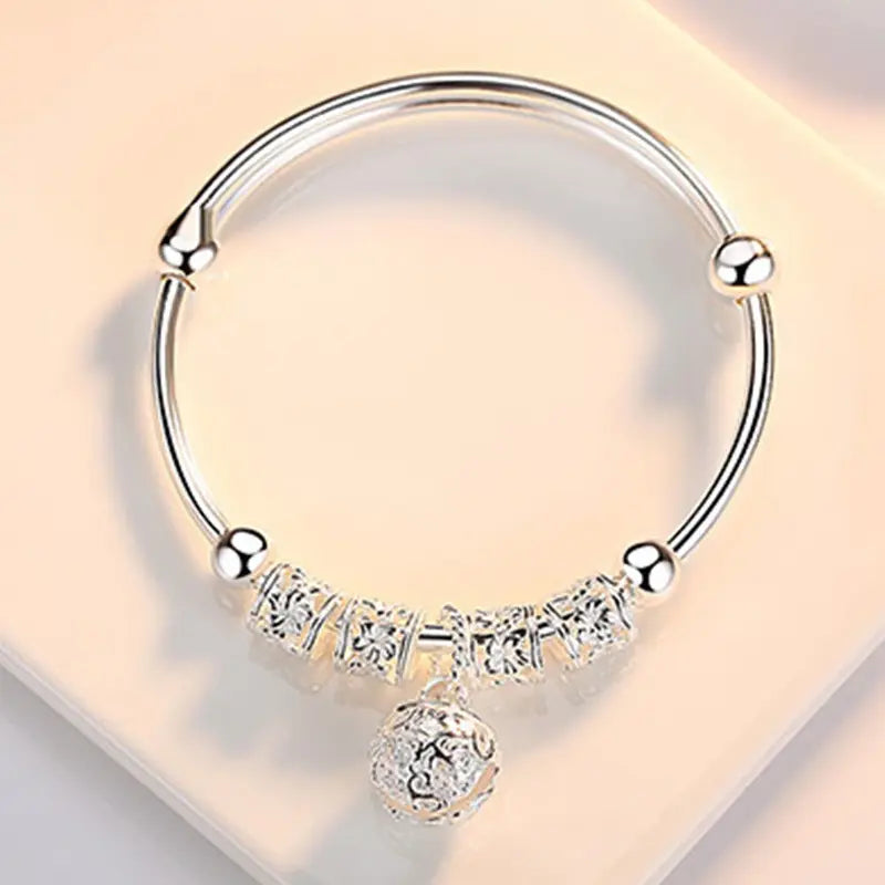 Silver Hollow Bell Ball Bangles for Women Adjustable Jewelry Holiday Gifts
