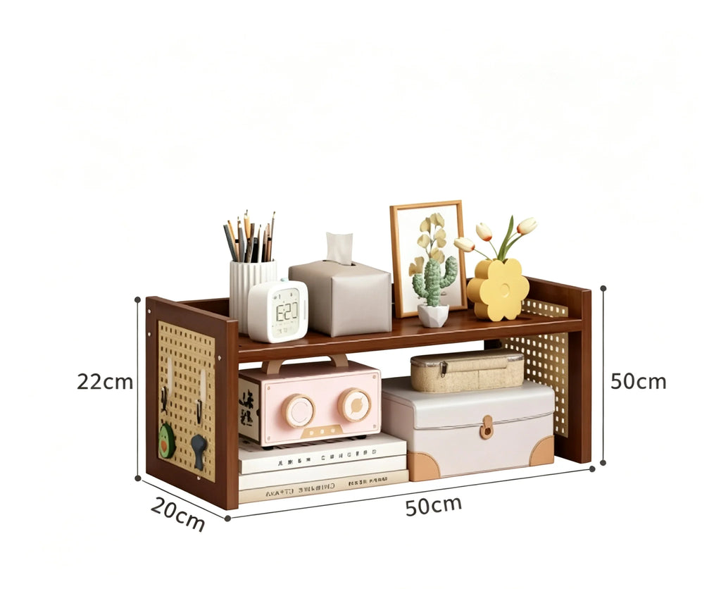 Multi-Height Desktop Bookshelf with Rattan Pegboard - Boho Wooden Organizer for Home Office