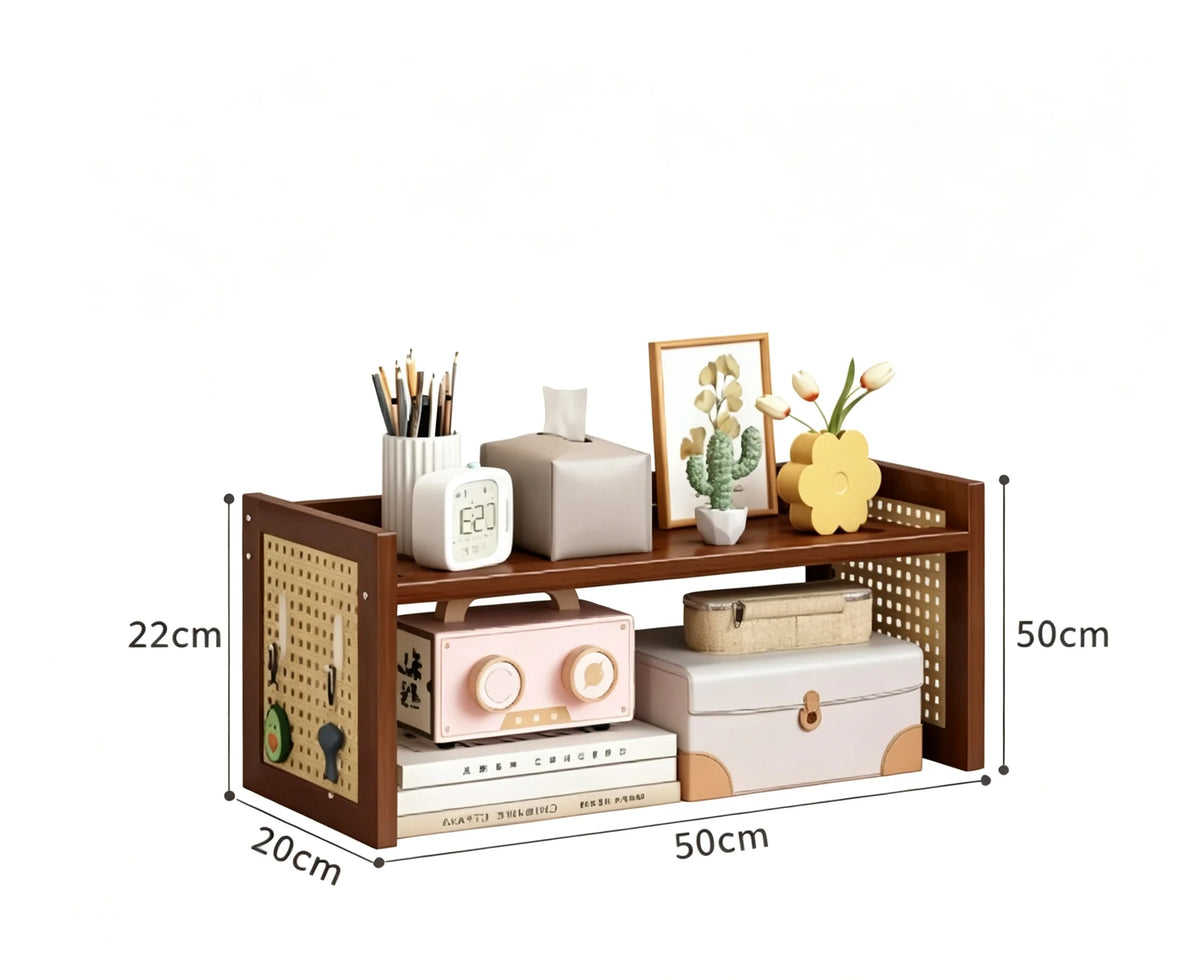 Multi-Height Desktop Bookshelf with Rattan Pegboard - Boho Wooden Organizer for Home Office