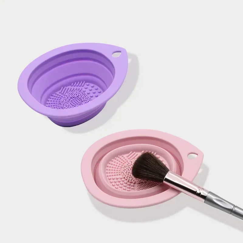 Foldable Silicone Makeup Brush Cleaner Bowl with Soft Mat for Brushes & Sponges