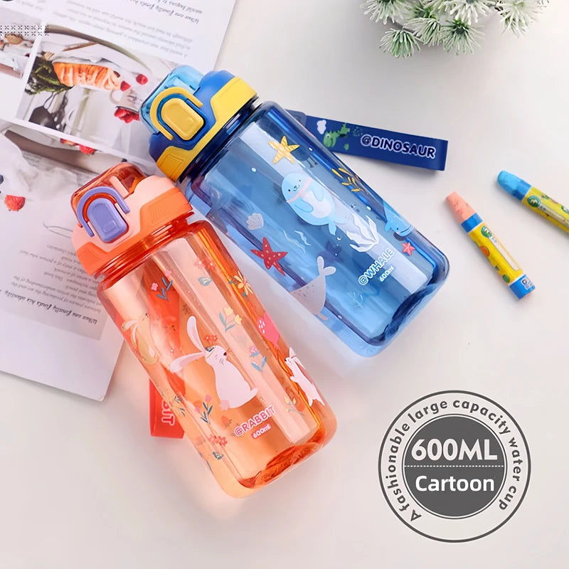 600ml Kids Water Bottle with Silicone Straw Leakproof Portable Sippy Cup for Summer