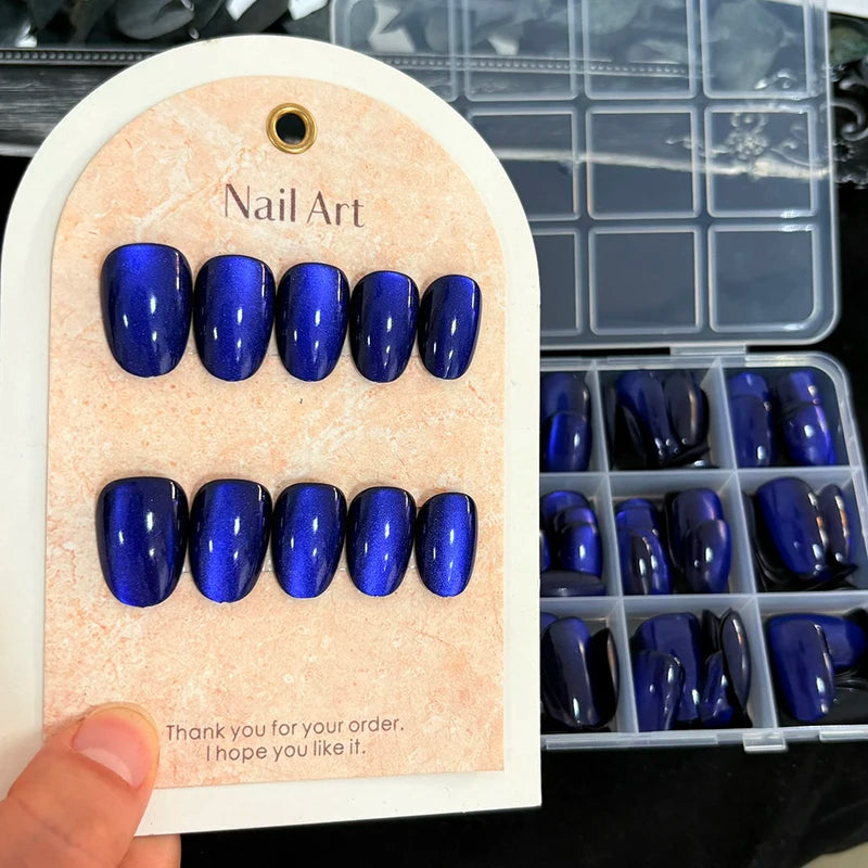 Glossy Dark Blue Cat Eye False Nails Set - Sparkly Medium Oval Press On Nails