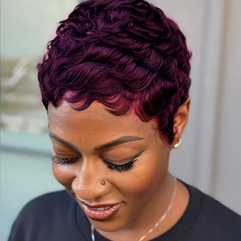 Natural Look Human Hair Pixie Cut Wig with Bangs - Full Machine Wig