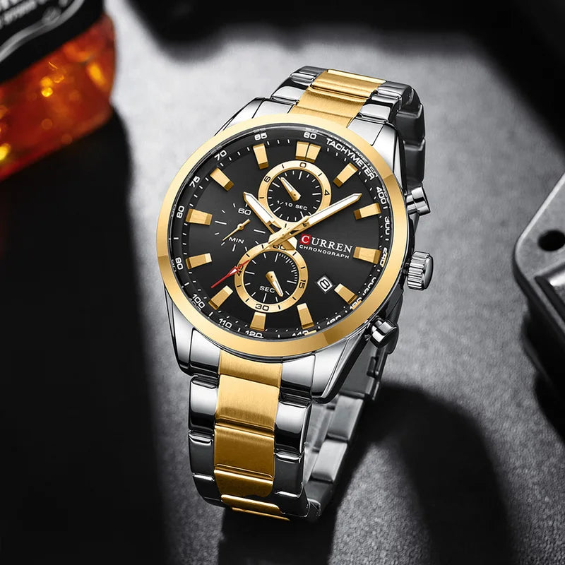 CURREN Quartz Chronograph Sport Watch for Men - Stainless Steel Band, Multifunction Dial