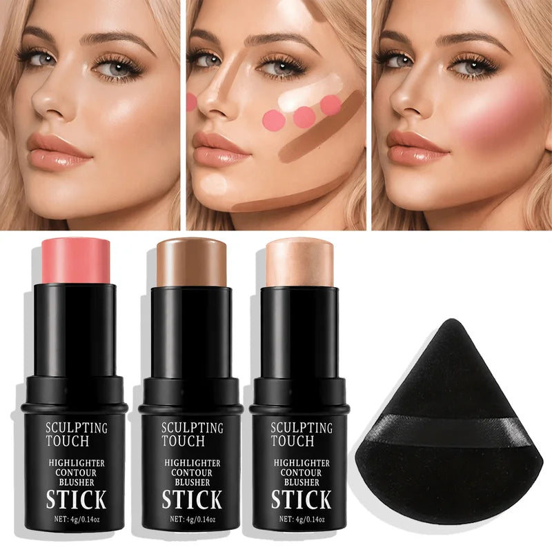 Face Sculpting Makeup Set - Cream Blush, Contour, Highlighter & Sponge