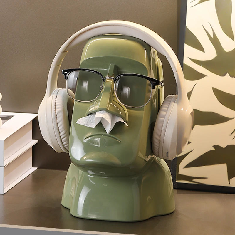 Creative Moai Stone Statue Tissue Box & Earphone Holder - Decorative Home Ornament