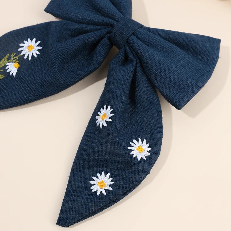 Floral Embroidered Bow Hair Clips Set for Girls and Women - Handmade Hair Accessories