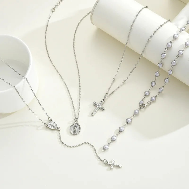 Boho Multi Layer Pearl Necklace Set for Women with Cross Pendant | Hip Hop Jewelry