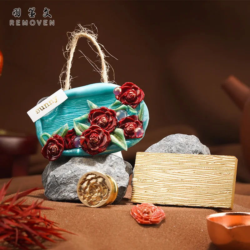 Wood Grain Flower Wax Seal Stamp Square Copper Head for Cards Envelopes Gift