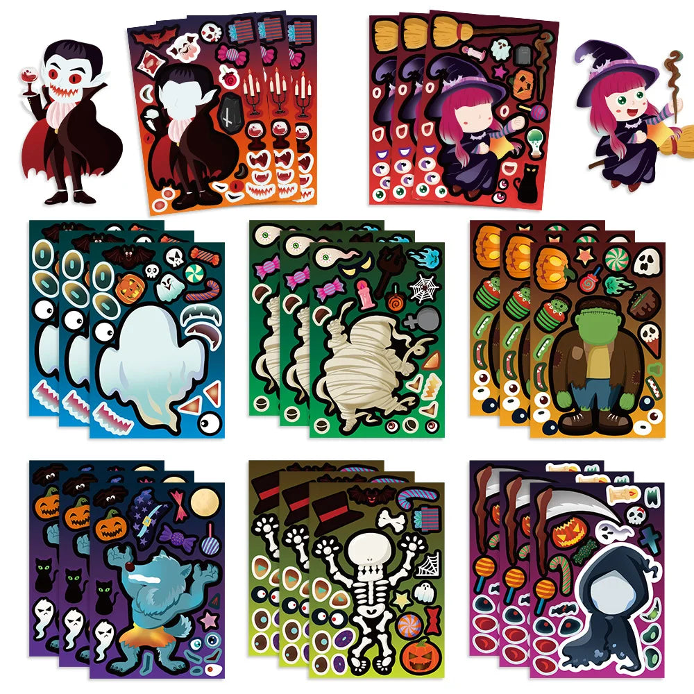 8Sheets Cartoon Halloween Puzzle Stickers Make-A-Face DIY Children's Waterproof Decals