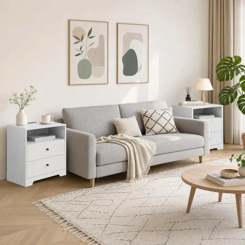Set of 2 Nightstands with Charging Stations - Modern Wood End Tables for Bedroom & Living Room