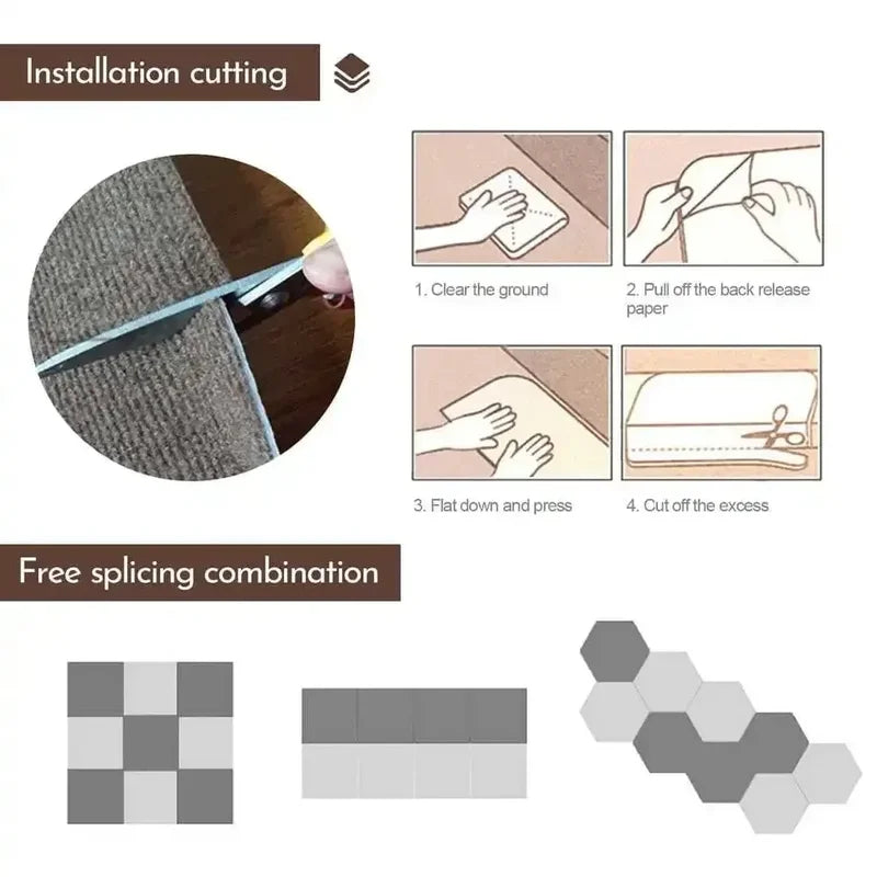 Self Adhesive Carpet Floor Tiles - Interlocking DIY Rug Mats for Kitchen & Home