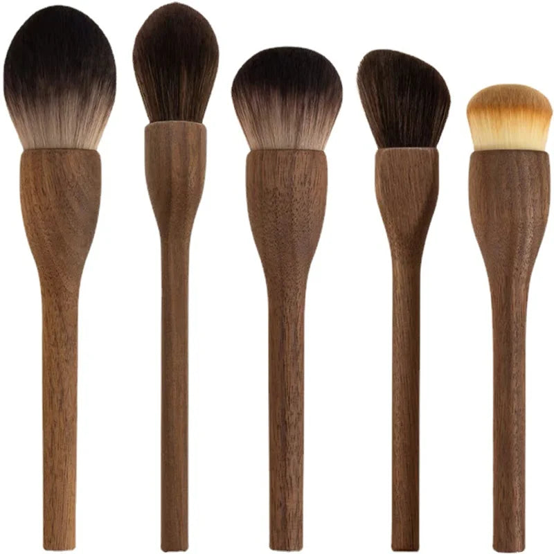 6Pcs Vintage Wood Handle Makeup Brush Set - Soft Powder, Foundation & Contour Tools