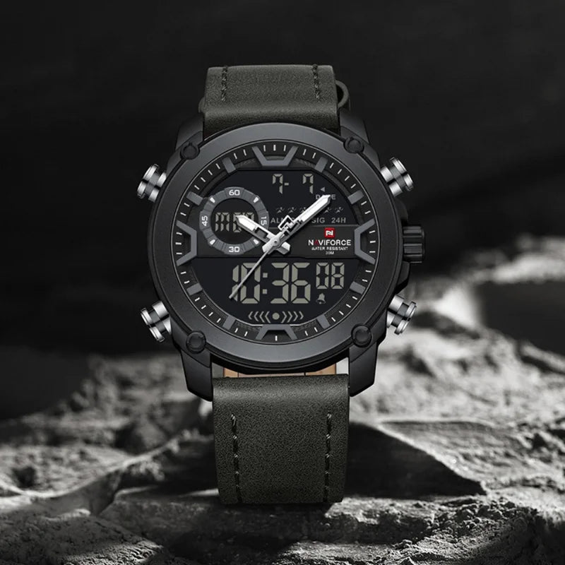 Men's Dual Display Sport Quartz Wristwatch Waterproof Leather Strap