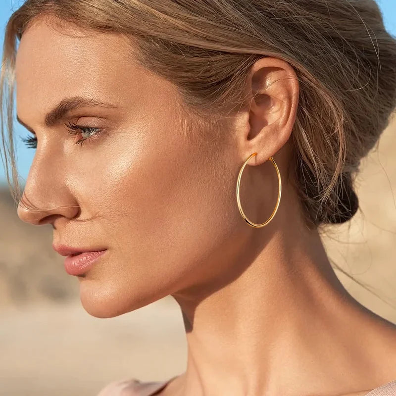 Lightweight 18K Gold Plated Hoop Earrings for Women - Hypoallergenic Stainless Steel, Multiple Sizes & Colors