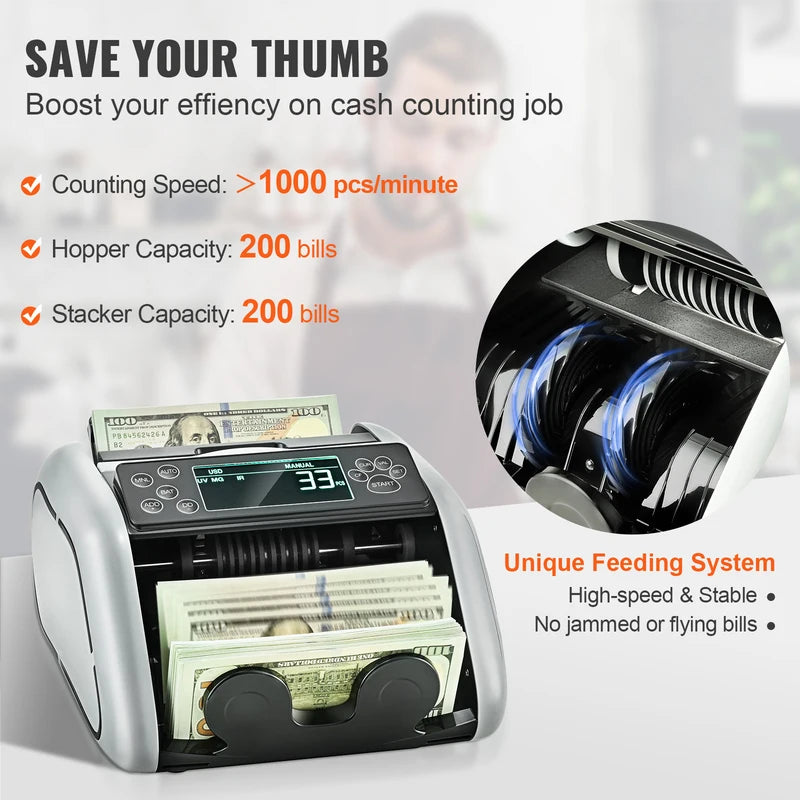 Cash Counter Machine with UV/MG/IR Detection 1000 Bills/Min for Business