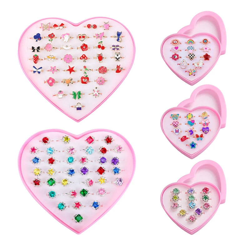 Kids Adjustable Animal Jewelry Rings Set - Cartoon Crystal Open Finger Rings for Children & Girls
