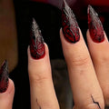 Halloween Long Pointed Fake Nails with Blood-Red Spider Web Design - 24Pcs