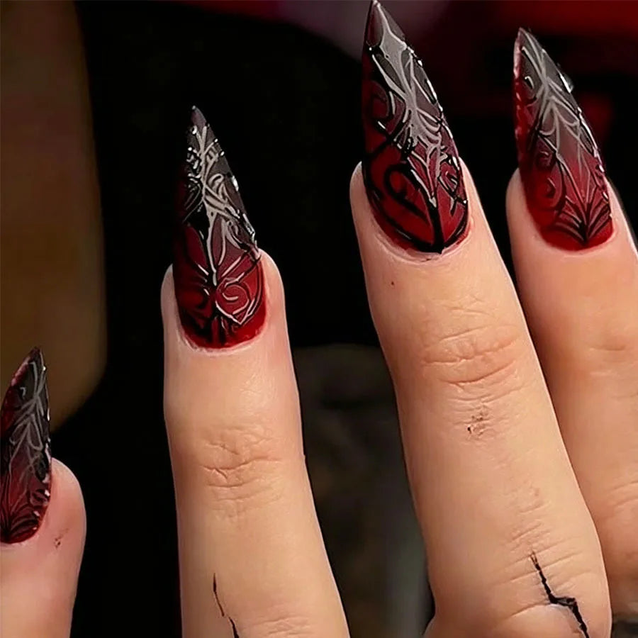 Halloween Long Pointed Fake Nails with Blood-Red Spider Web Design - 24Pcs