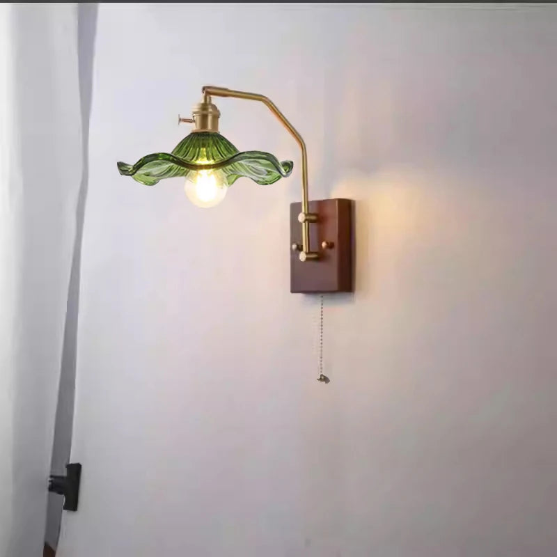 Wood Copper LED Wall Light Indoor Lamp with Pull Chain Switch for Bedroom & Living Room